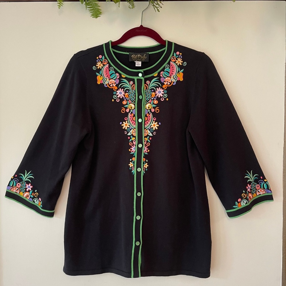 Black Embroidered Sweater with Green Accents